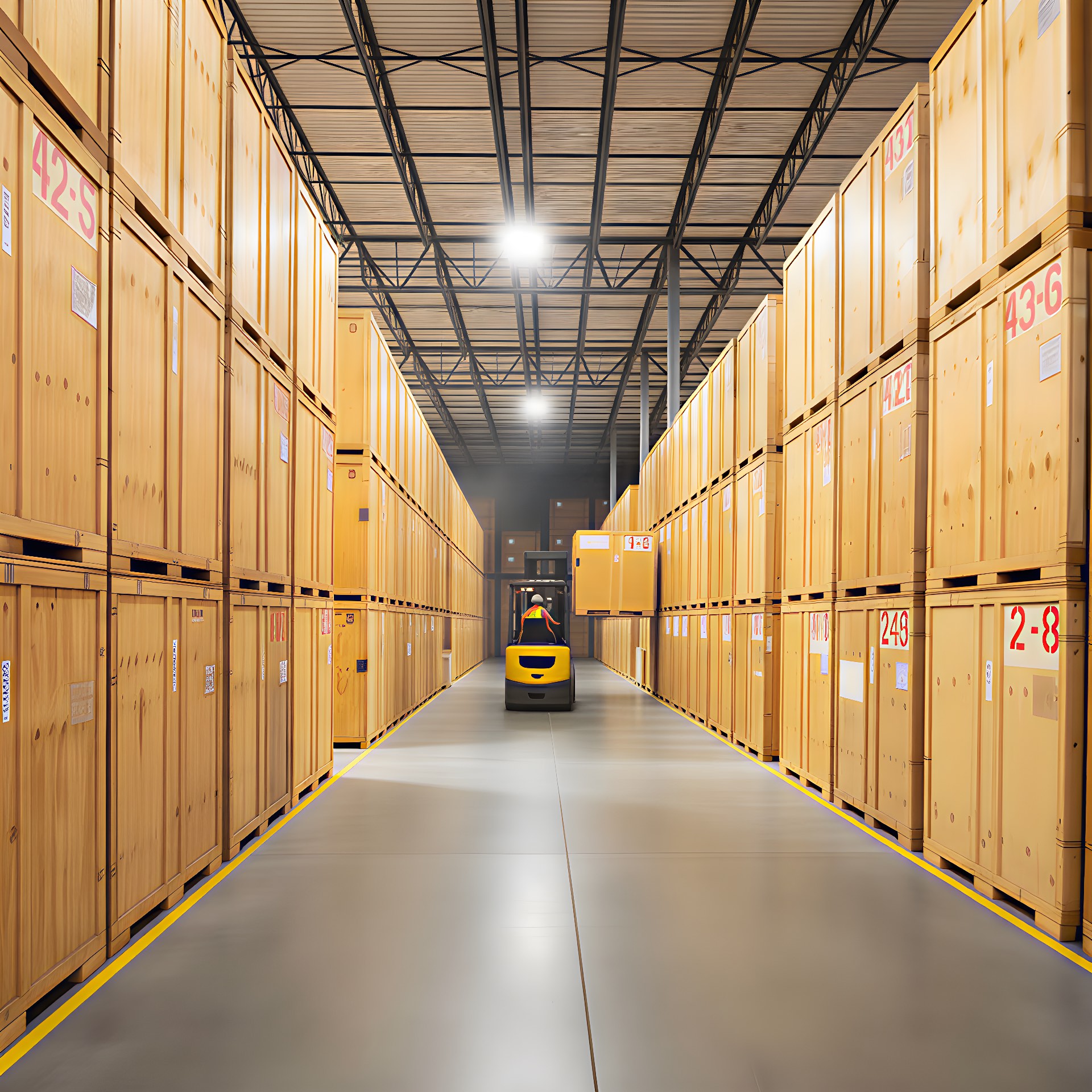 Sunbelt Moving Systems storage warehouse with forklift operator managing numbered wooden vaults